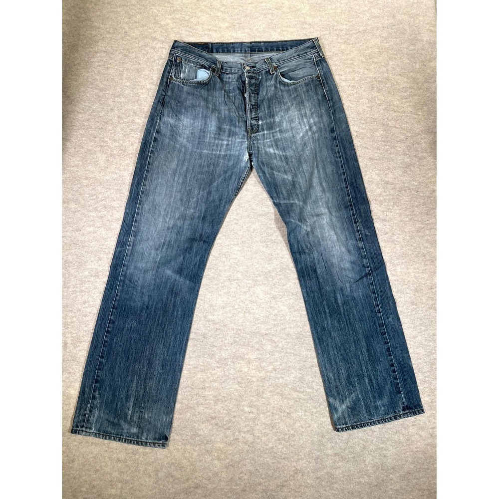 Levis 501 Jeans Mens 38x34 Blue Whiskering‎ Denim Cotton Button Fly Straight Leg